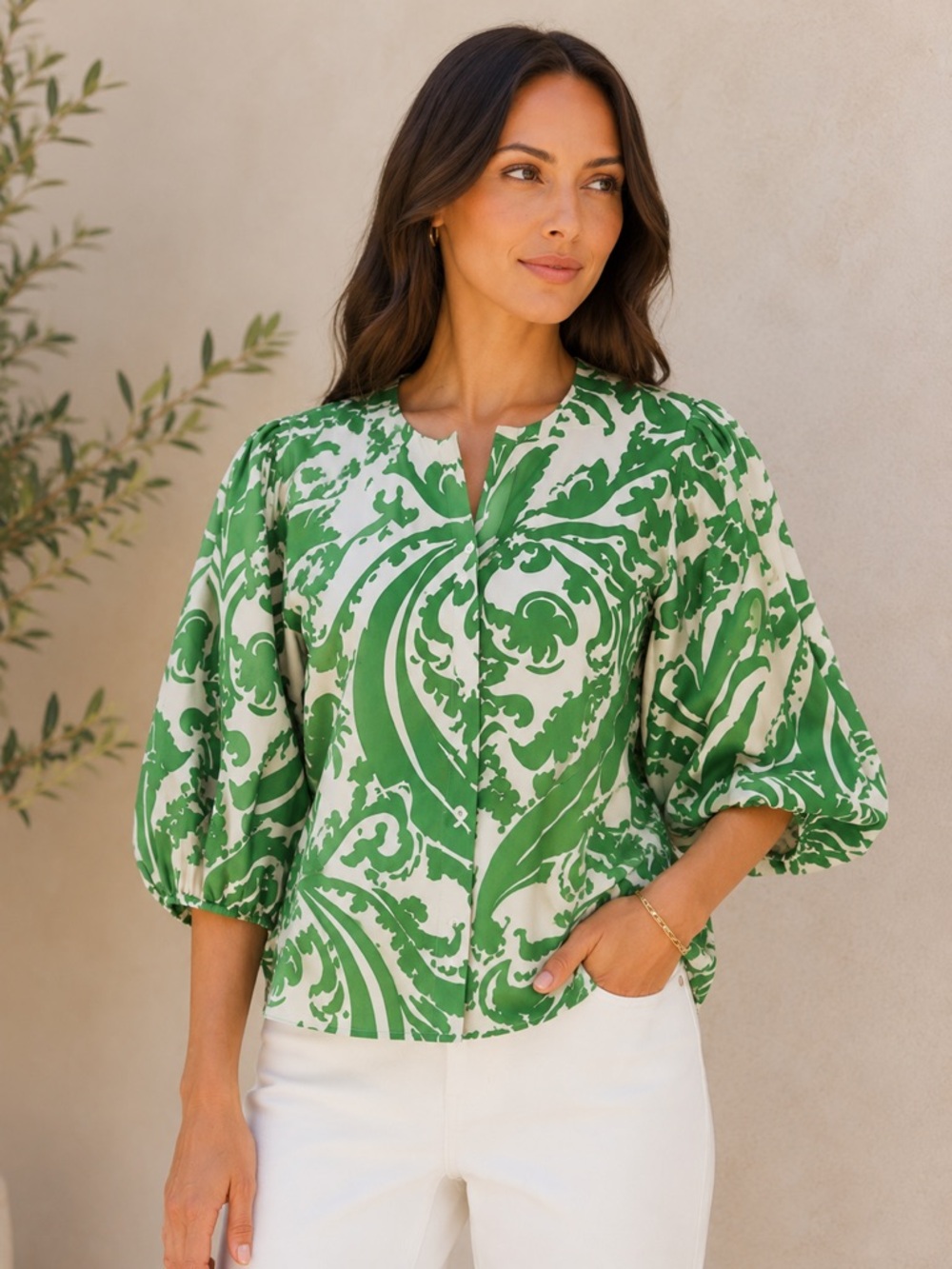 Karen Kane Leafy Green and Cream Button Down Blouse. Worn once
